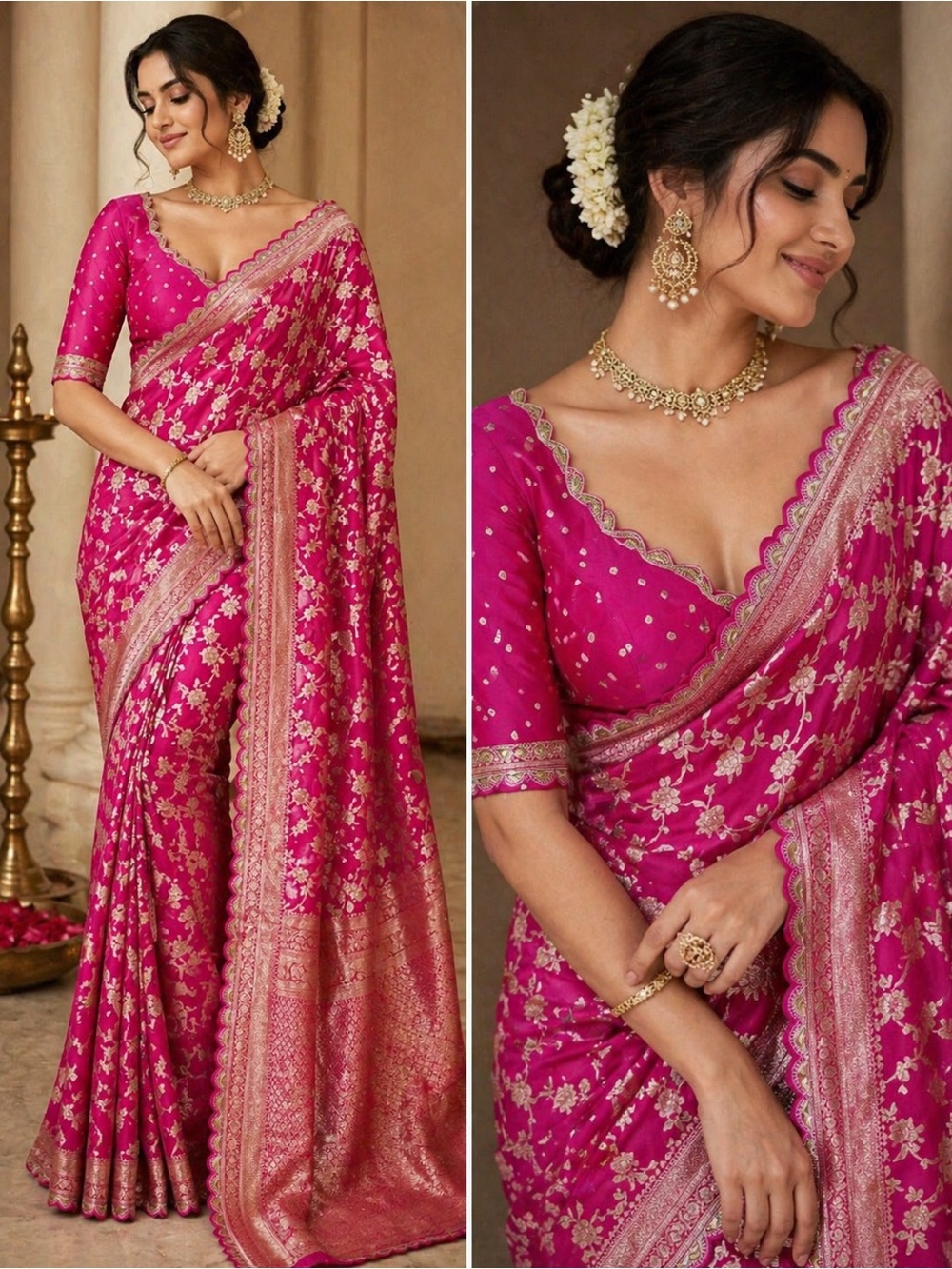 Handloom Khadi Banarsi Silk Fuchsia Pink Floral Zari Saree with Gold Accents